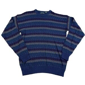 Vintage Grandpa Sweater Men Large Tall‎ Blue Striped Acrylic Knit Crewneck Y2K